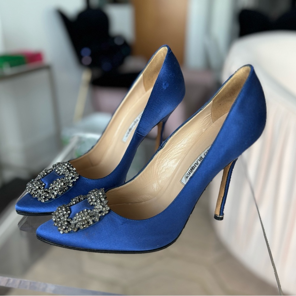 Manolo Blahnik Blue Satin Heels with Embellished Buckle